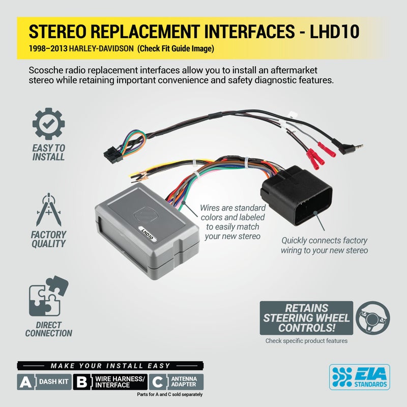 Scosche Audio Interface Adapter for Harley Davidson 1998â€“2013, Radio Wiring Harness for Aftermarket Stereo, Motorcycle Stereo Install Kit Retains Handlebar Controls, Installation Notes in Fit Guide - Image 4