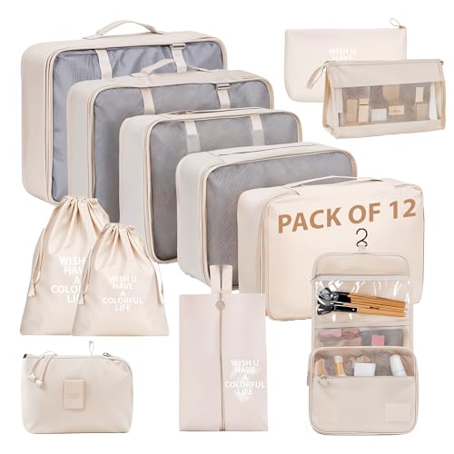 OCEANEVO Set of 12 Packing Cubes, Travel Organizer Bags for Luggage & Suitcase | Includes Various Size Mesh Bags, Lingerie & Shoe Bag, Cosmetic Pouch, Toiletry Bag, Drawstring Bag, Cable Pouch - Image 1