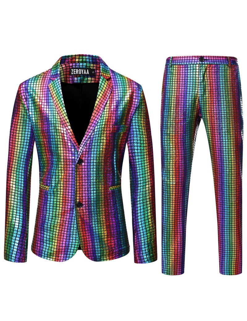 ZEROYAA Men's 70s Disco Suits Metallic Shiny Sequin Outfits Blazer and Pants Set Dance Party Costume Multicolor Medium - Image 1