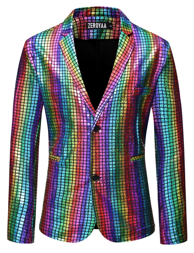 ZEROYAA Men's 70s Disco Suits Metallic Shiny Sequin Outfits Blazer and Pants Set Dance Party Costume Multicolor Medium - Image 2