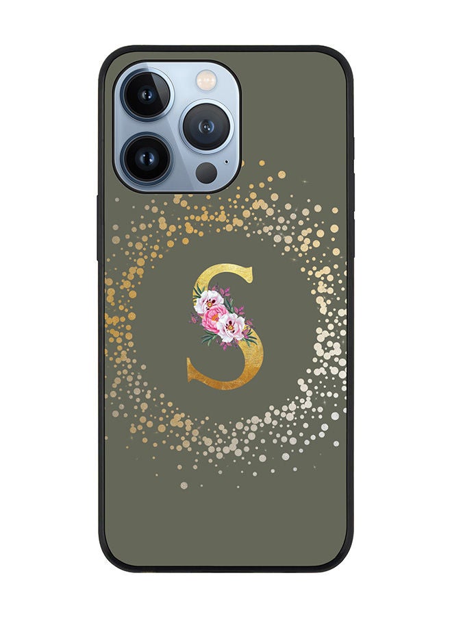 Stylizedd Rugged Black edge case for Apple iPhone 13 Pro Slim fit Soft Case Flexible Rubber Edges TPU Gel Thin Cover - Custom Monogram Initial Letter Floral Pattern Alphabet - S (Olive Green) - Image 1