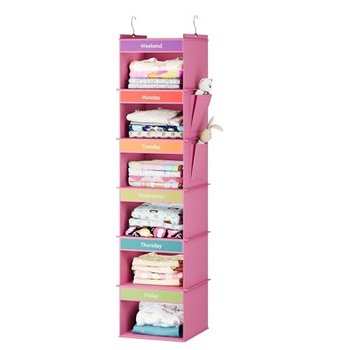 YOUDENOVA 6Shelf Weekly Hanging Closet Organizer Weekly Clothes Organizers for Kids with 2 Side Pockets Pink