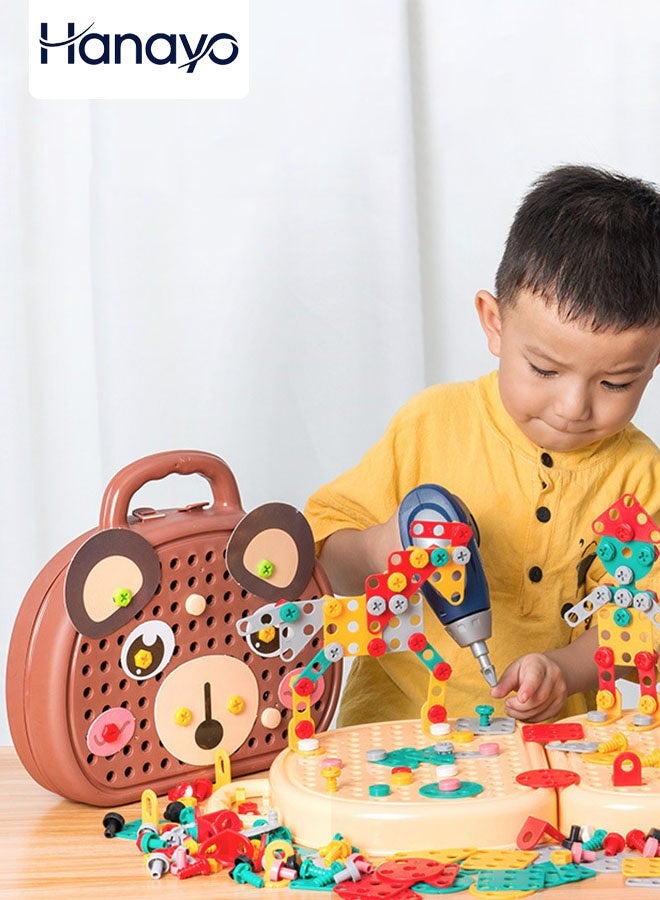 Hanayo 203 قطعة صندوق أدوات إصلاح للأطفال مع مثقاب كهربائي ألعاب تركيب مونتيسوري للعب التخيلي للأطفال من 4-6 سنوات هدايا لألعاب الأنشطة الإبداعية (بني) - Image 1