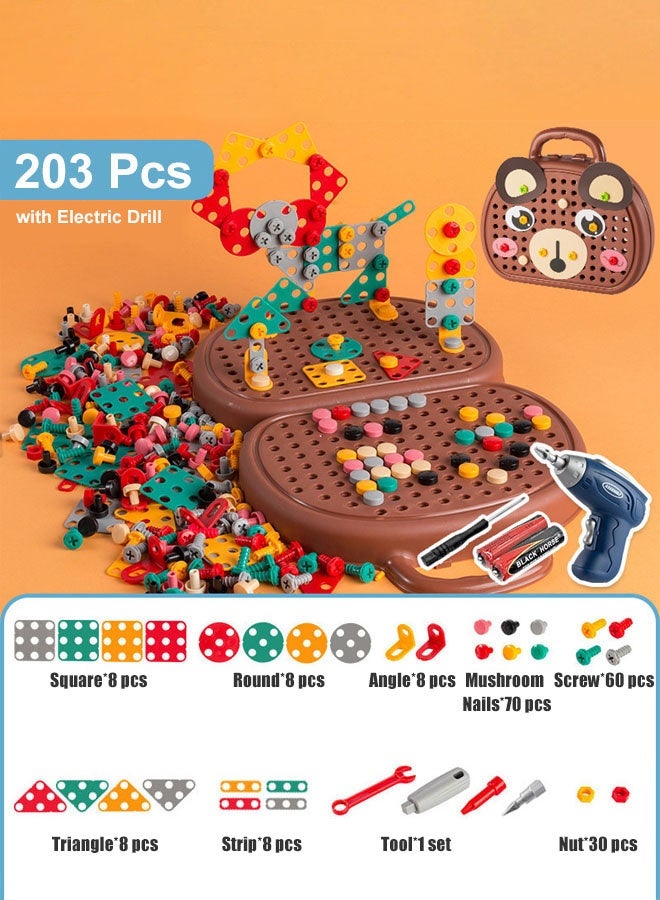Hanayo 203 قطعة صندوق أدوات إصلاح للأطفال مع مثقاب كهربائي ألعاب تركيب مونتيسوري للعب التخيلي للأطفال من 4-6 سنوات هدايا لألعاب الأنشطة الإبداعية (بني) - Image 2