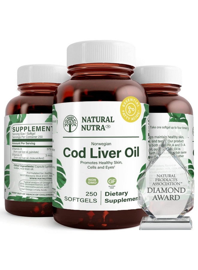 Natural Nutra Natural Nutra Norwegian Cod Liver Oil Supplement, Helps to Maintain Skin, Body Density, and Eye Health, Promotes Dental Health, and Supports Cardiovascular Health, 250 Softgels - Image 1