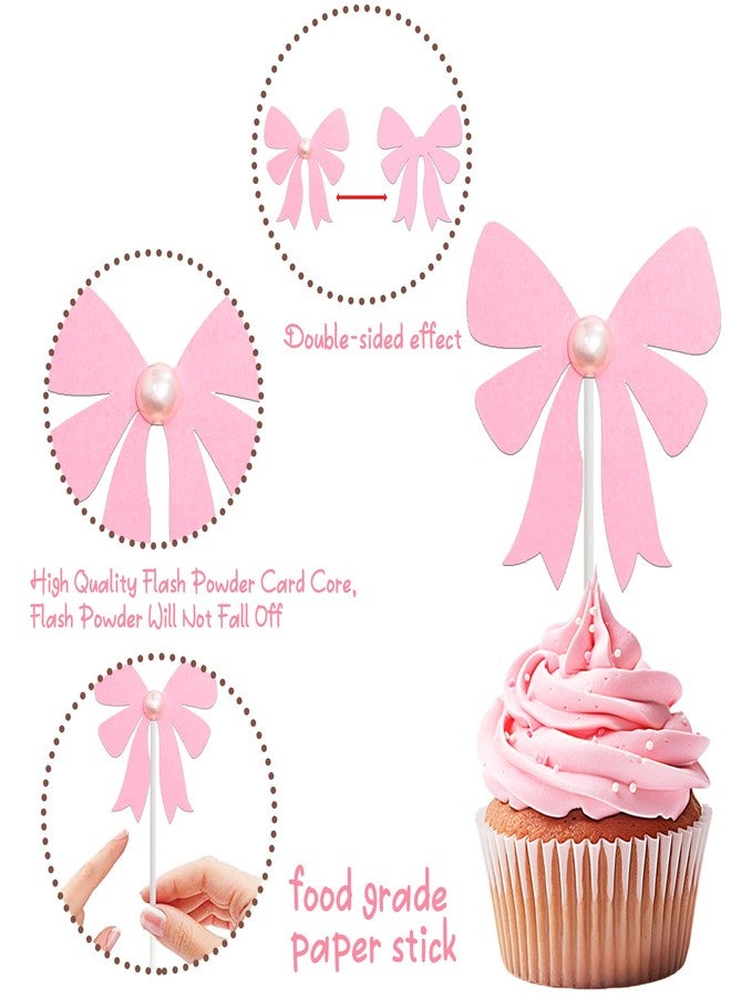 umoni Bow Pearl Cupcake Toppers Pink Bow Birthday Party Decorations 24Pcs Coquette Bow Cupcake Picks Bowknot Bachelorette Cake Decoration for Girls Theme Wedding Engagement Bridal Shower Supplies - Image 4