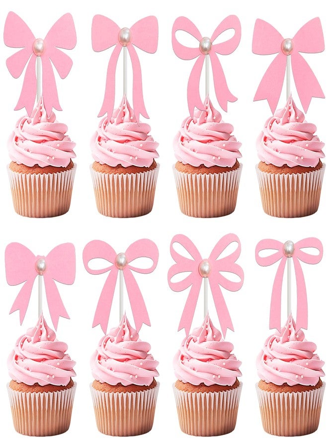 umoni Bow Pearl Cupcake Toppers Pink Bow Birthday Party Decorations 24Pcs Coquette Bow Cupcake Picks Bowknot Bachelorette Cake Decoration for Girls Theme Wedding Engagement Bridal Shower Supplies - Image 1