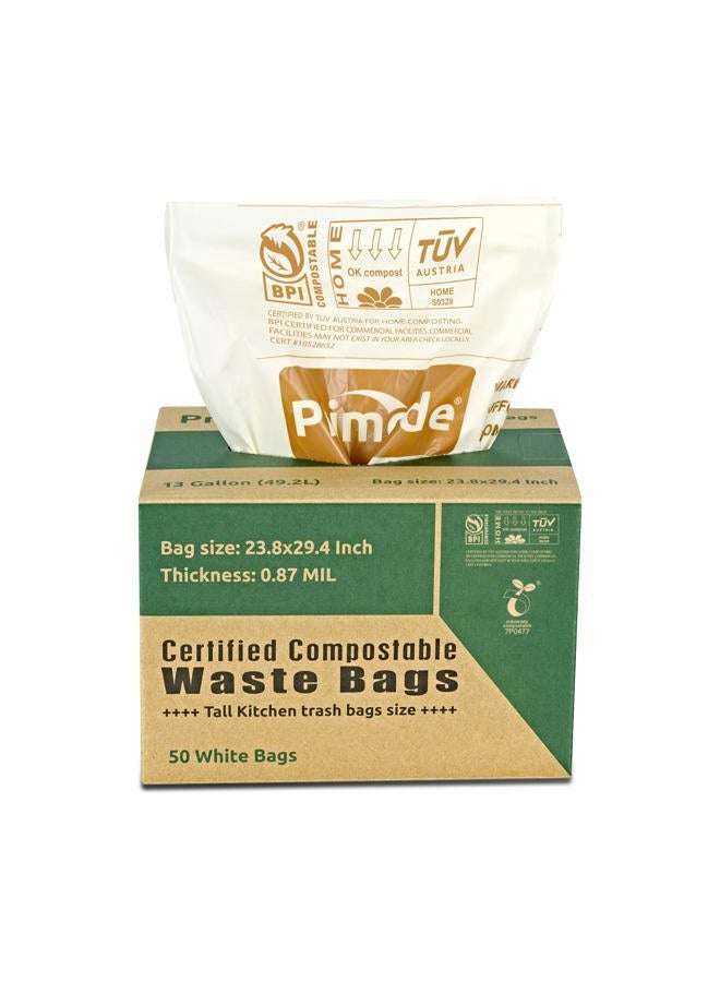 Primode 100% Compostable Bags, 13 Gallon Food Scraps Yard Waste Bags, Extra Thick 0.87 Mil. ASTMD6400 Biodegradable Compost Bags Small Kitchen Trash Bags, Certified by BPI and VINCETTE, (50) - Image 1