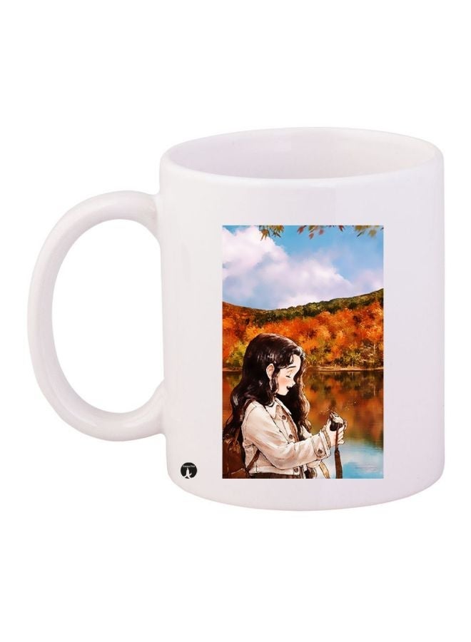 Cartoon Girl Printed Coffee Mug White/Brown/Blue 11ounce