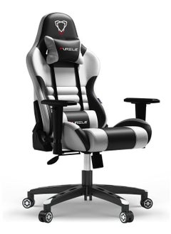 VIRGINIA Forgle Gaming Chair High Back Racing Style Office Chair with Adjustable Armrests Comfortable PU Leather Video Game Chairs Headrest Lumbar Support Rocking Position Black-White Cotton  - Image 1