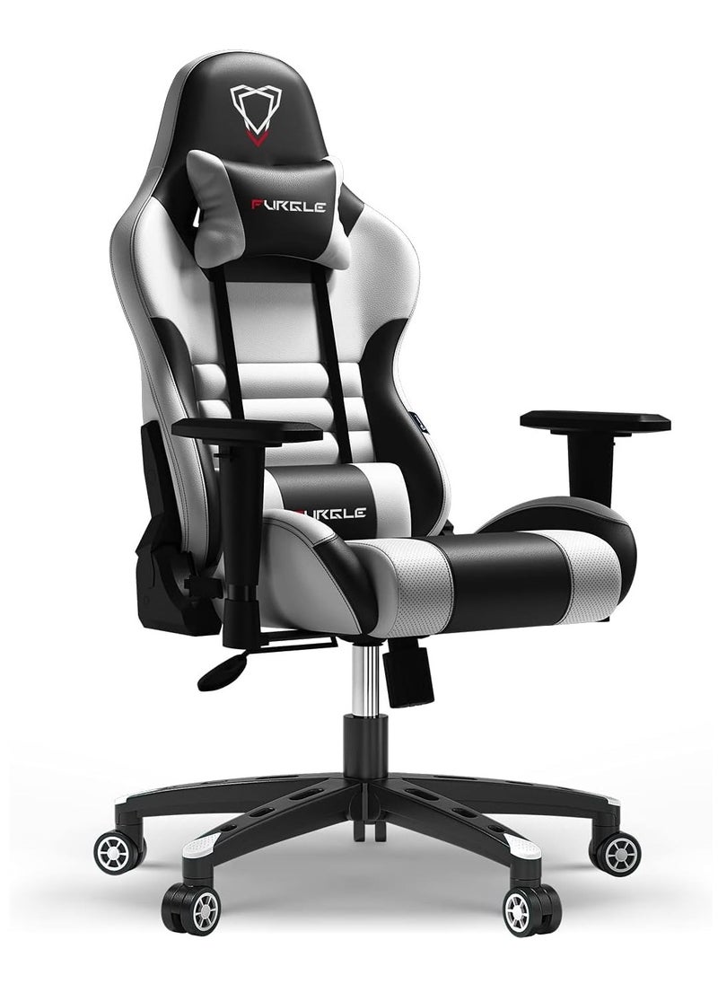 VIRGINIA Forgle Gaming Chair High Back Racing Style Office Chair with Adjustable Armrests Comfortable PU Leather Video Game Chairs Headrest Lumbar Support Rocking Position Black-White Cotton  - Image 1
