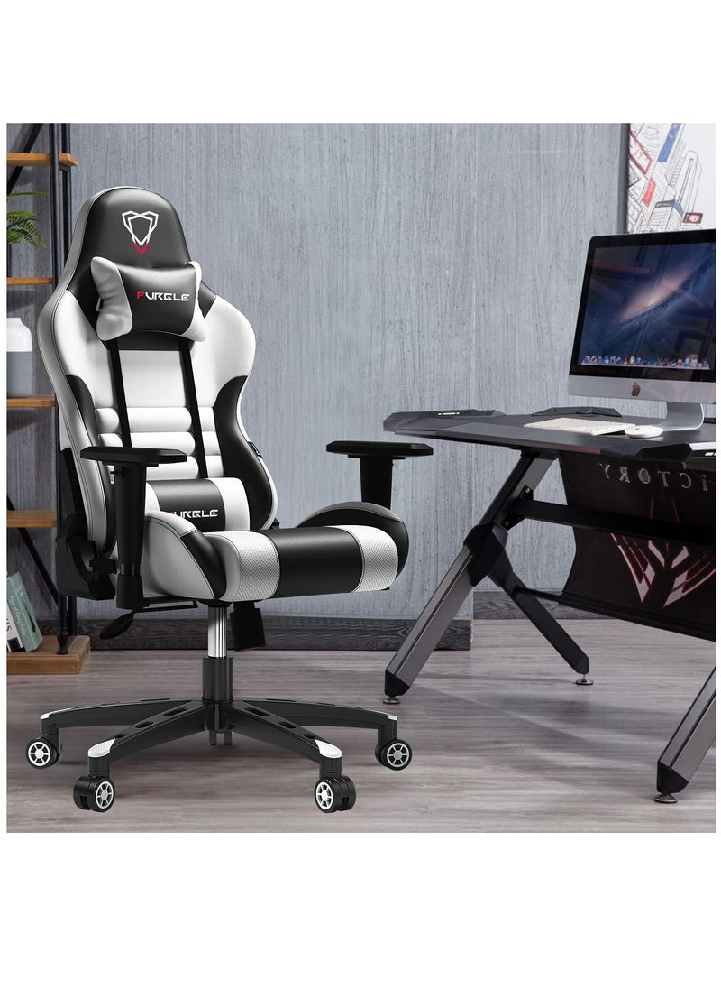 VIRGINIA Forgle Gaming Chair High Back Racing Style Office Chair with Adjustable Armrests Comfortable PU Leather Video Game Chairs Headrest Lumbar Support Rocking Position Black-White Cotton  - Image 2