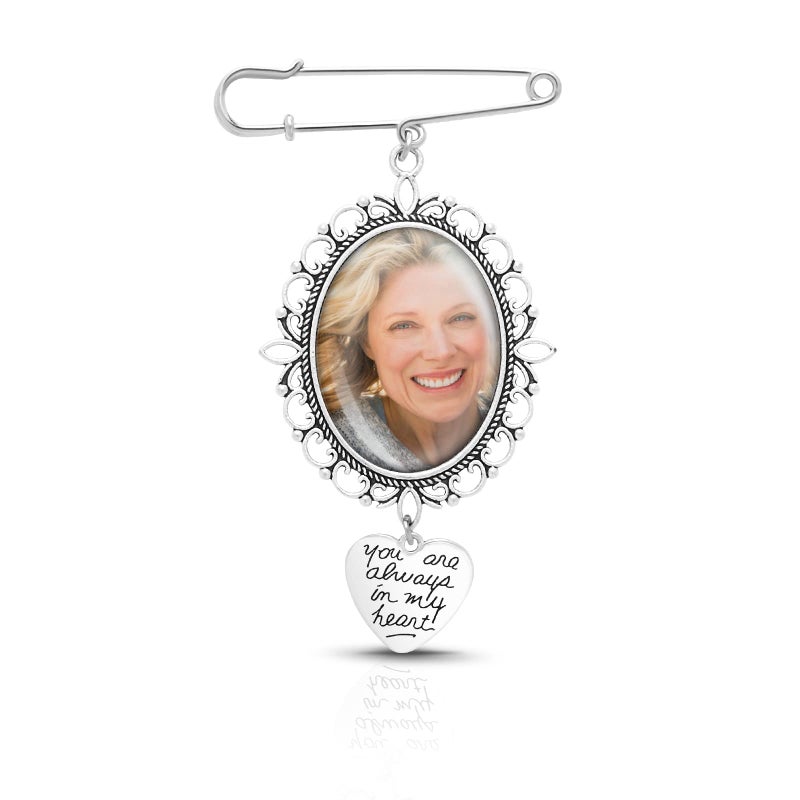 Yolev 1PCS DIY Wedding Bouquet Photo Charm Pin Brooch Making Kit - Single Lacy Frame Wedding Charm Oval Glass Cabochons Picture Frame with Pendant - Image 1