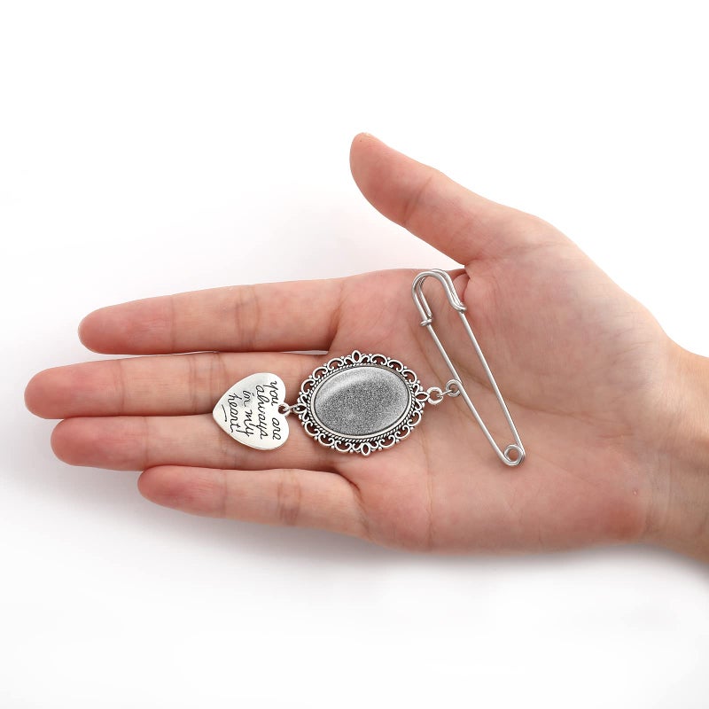 Yolev 1PCS DIY Wedding Bouquet Photo Charm Pin Brooch Making Kit - Single Lacy Frame Wedding Charm Oval Glass Cabochons Picture Frame with Pendant - Image 3