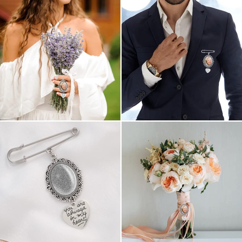 Yolev 1PCS DIY Wedding Bouquet Photo Charm Pin Brooch Making Kit - Single Lacy Frame Wedding Charm Oval Glass Cabochons Picture Frame with Pendant - Image 5