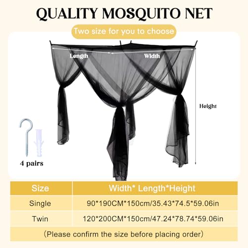 Mindsoft 4 Corners Black Bed Canopy Curtains for Single Twin Full Size Mosquito Net Rectangular Bed Drapes for Bedroom Home Indoor Patio Outdoor DecorationL79 x W47 x H59 Inch - Image 3