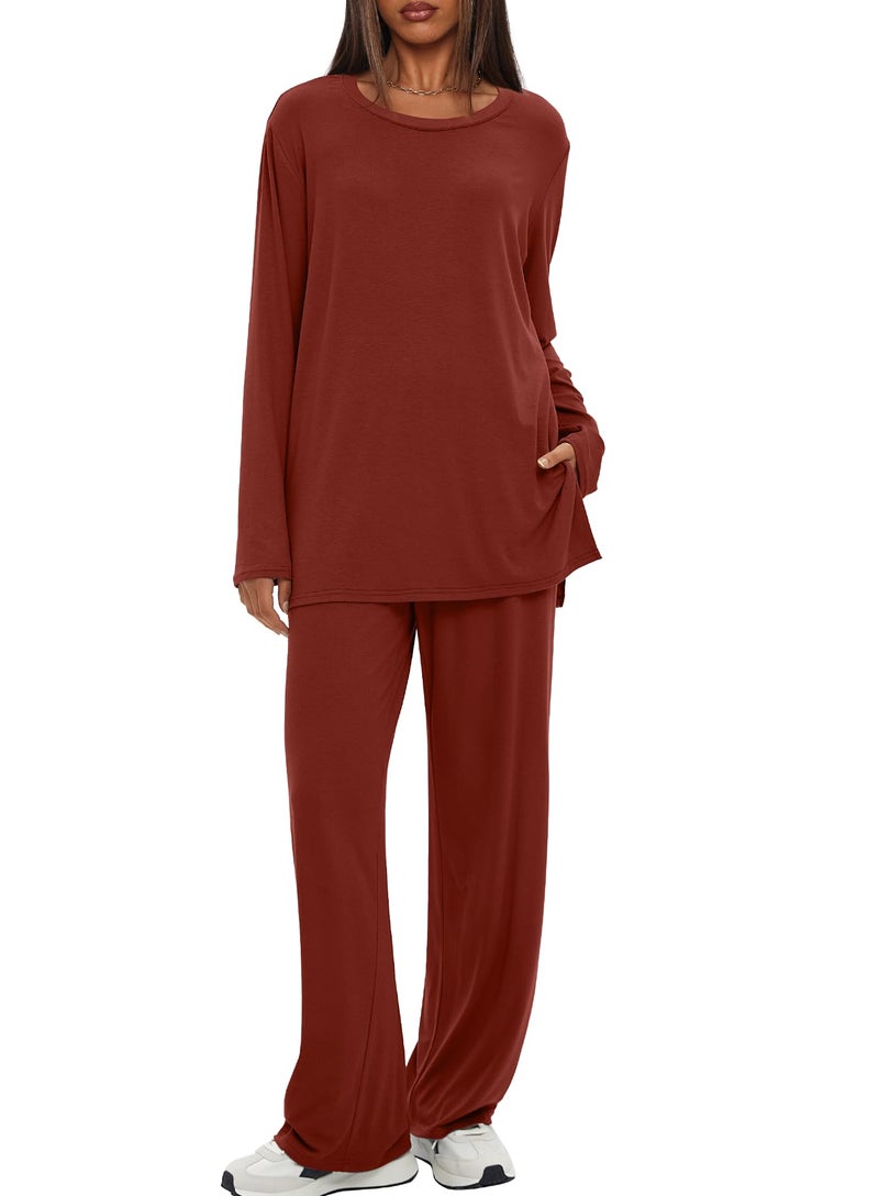 Darong Women's Two Piece Lounge Set 2025 Fall Casual Oversized Shirts Wide Leg Pants Matching Airport Travel Outfit 9088A Brick Red XL - Image 1
