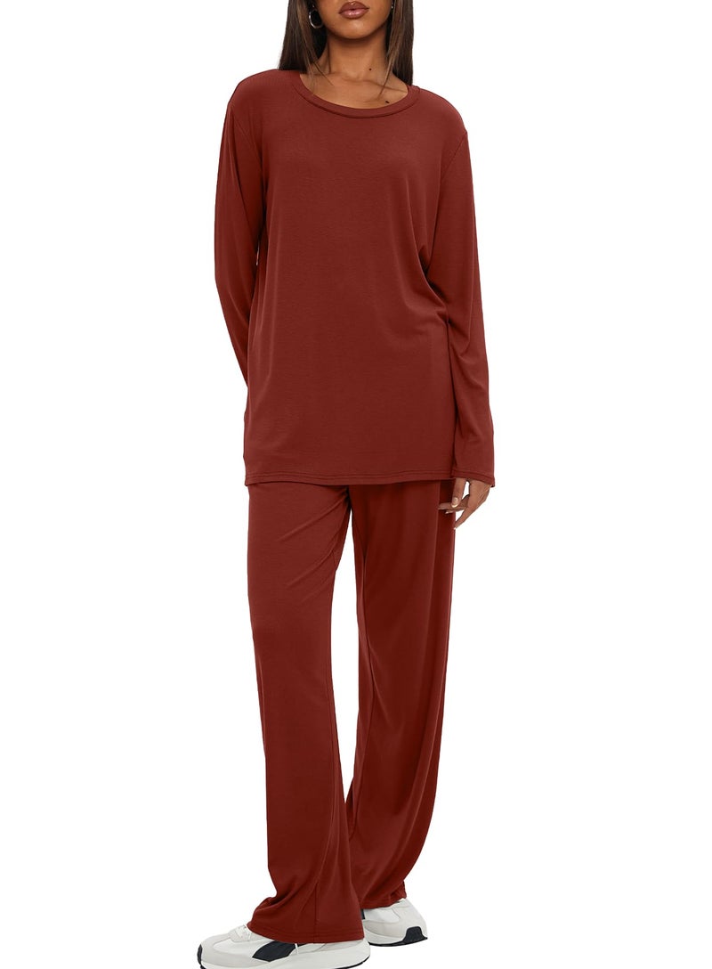 Darong Women's Two Piece Lounge Set 2025 Fall Casual Oversized Shirts Wide Leg Pants Matching Airport Travel Outfit 9088A Brick Red XL - Image 5