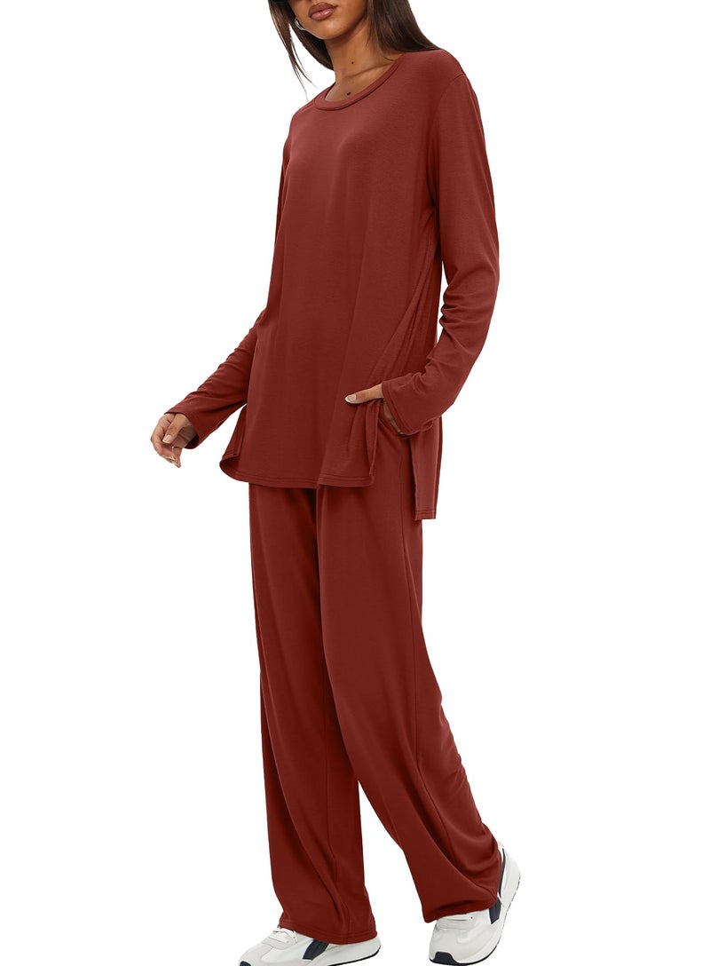 Darong Women's Two Piece Lounge Set 2025 Fall Casual Oversized Shirts Wide Leg Pants Matching Airport Travel Outfit 9088A Brick Red XL - Image 3