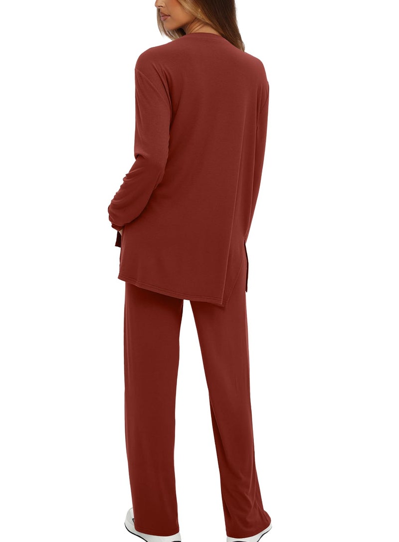 Darong Women's Two Piece Lounge Set 2025 Fall Casual Oversized Shirts Wide Leg Pants Matching Airport Travel Outfit 9088A Brick Red XL - Image 2
