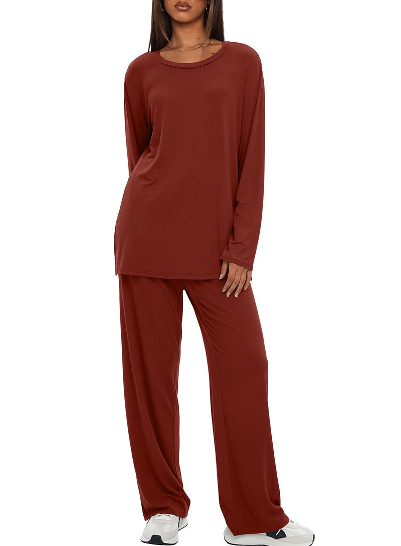 Darong Women's Two Piece Lounge Set 2025 Fall Casual Oversized Shirts Wide Leg Pants Matching Airport Travel Outfit 9088A Brick Red XL - Image 4