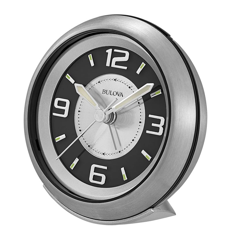 Bulova - 3.75" W x 3.75" H B5027 Lite Night Alarm Clock | Brushed Silver-Tone Case | Illuminated Dial | Luminous Hands | Quiet Sweep | Snooze Function - Image 3