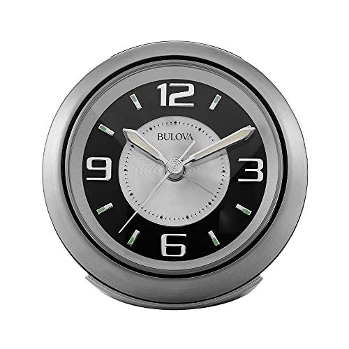 Bulova - 3.75" W x 3.75" H B5027 Lite Night Alarm Clock | Brushed Silver-Tone Case | Illuminated Dial | Luminous Hands | Quiet Sweep | Snooze Function - Image 1