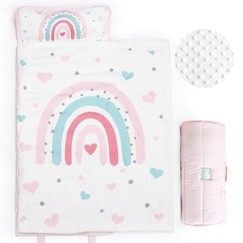 PHF Toddler Nap Mat with Removable Pillow and Minky Blanket Rollup Design Kids Sleeping Mat Slumber Bags for Girls 50x20 Toddler Sleeping Bag for Daycare Preschool Travel Camping Rainbow - Image 1