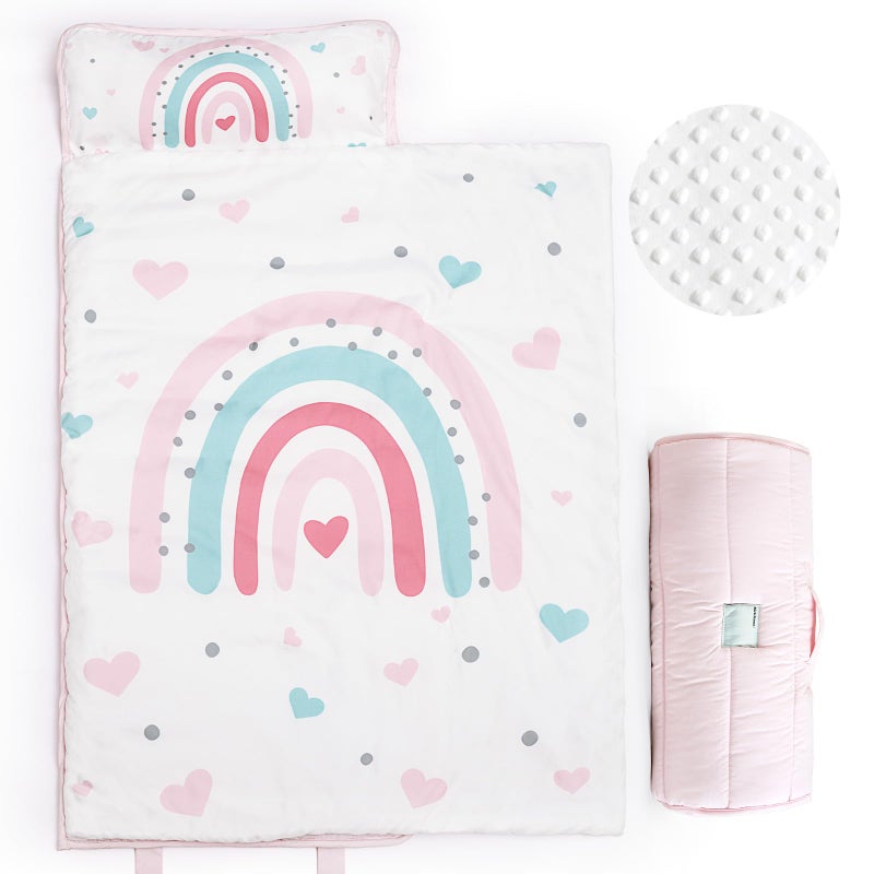 PHF Toddler Nap Mat with Removable Pillow and Minky Blanket Rollup Design Kids Sleeping Mat Slumber Bags for Girls 50x20 Toddler Sleeping Bag for Daycare Preschool Travel Camping Rainbow - Image 2
