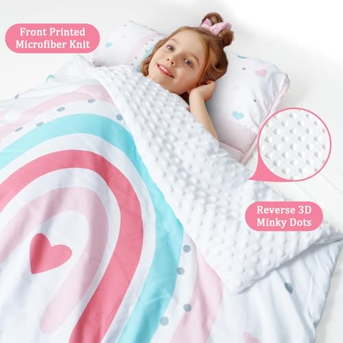 PHF Toddler Nap Mat with Removable Pillow and Minky Blanket Rollup Design Kids Sleeping Mat Slumber Bags for Girls 50x20 Toddler Sleeping Bag for Daycare Preschool Travel Camping Rainbow - Image 3