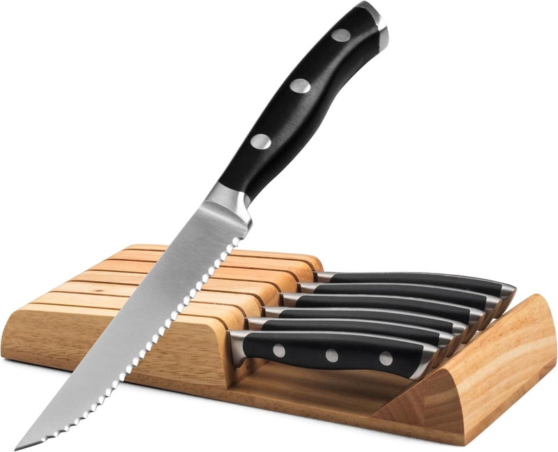 Alata 6-Piece Steak Knives Set with Block, 4.7 Inch with Serrated Edge Razor-Sharp Dinner Knives, Full-Tang Construction, Dishwasher Safe - Image 1