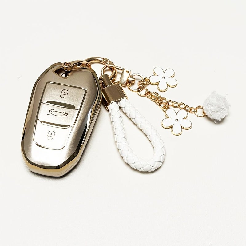 White TPU Citroen Key Fob Cover with Key Chain 3 Button Smart Case Holder - Image 2