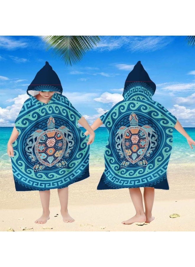 Turquoise Gradient Mandala Ethnic Pattern Decorative Turtle Circular Printed Unisex Kids Hooded Quick Dry Poncho Towel, Polyester Soft Water Absorbent Loose Windproof Bath Wrap for All Kids, Ideal for Beach, Swimming Pool, Hot Spring & Daily Shower - Image 3