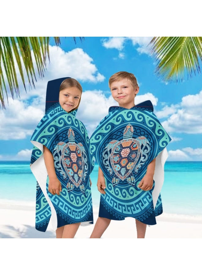 Turquoise Gradient Mandala Ethnic Pattern Decorative Turtle Circular Printed Unisex Kids Hooded Quick Dry Poncho Towel, Polyester Soft Water Absorbent Loose Windproof Bath Wrap for All Kids, Ideal for Beach, Swimming Pool, Hot Spring & Daily Shower - Image 2