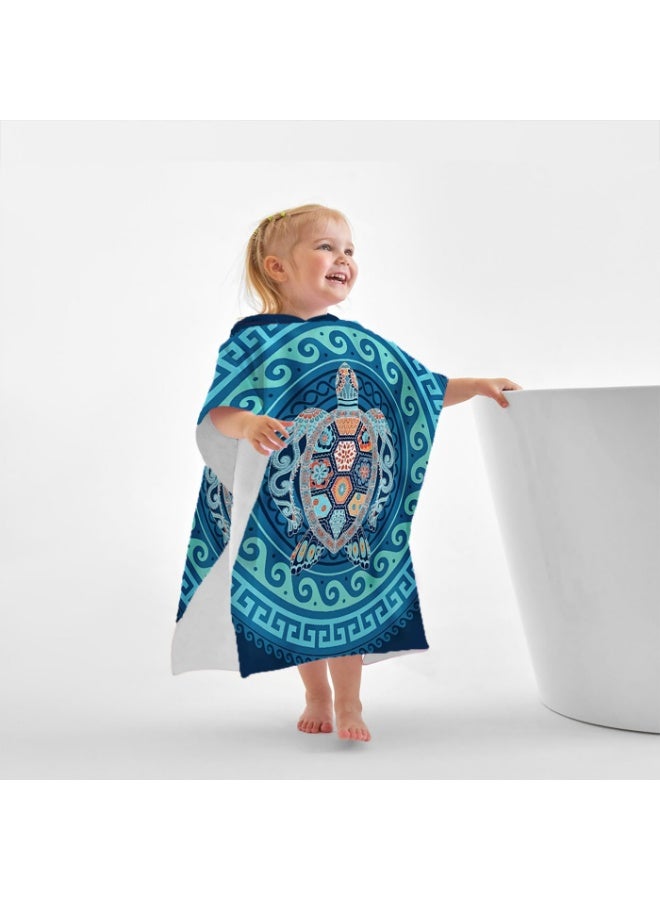 Turquoise Gradient Mandala Ethnic Pattern Decorative Turtle Circular Printed Unisex Kids Hooded Quick Dry Poncho Towel, Polyester Soft Water Absorbent Loose Windproof Bath Wrap for All Kids, Ideal for Beach, Swimming Pool, Hot Spring & Daily Shower - Image 1