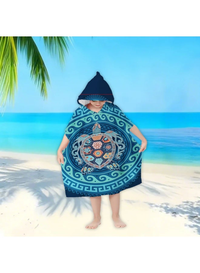 Turquoise Gradient Mandala Ethnic Pattern Decorative Turtle Circular Printed Unisex Kids Hooded Quick Dry Poncho Towel, Polyester Soft Water Absorbent Loose Windproof Bath Wrap for All Kids, Ideal for Beach, Swimming Pool, Hot Spring & Daily Shower - Image 4