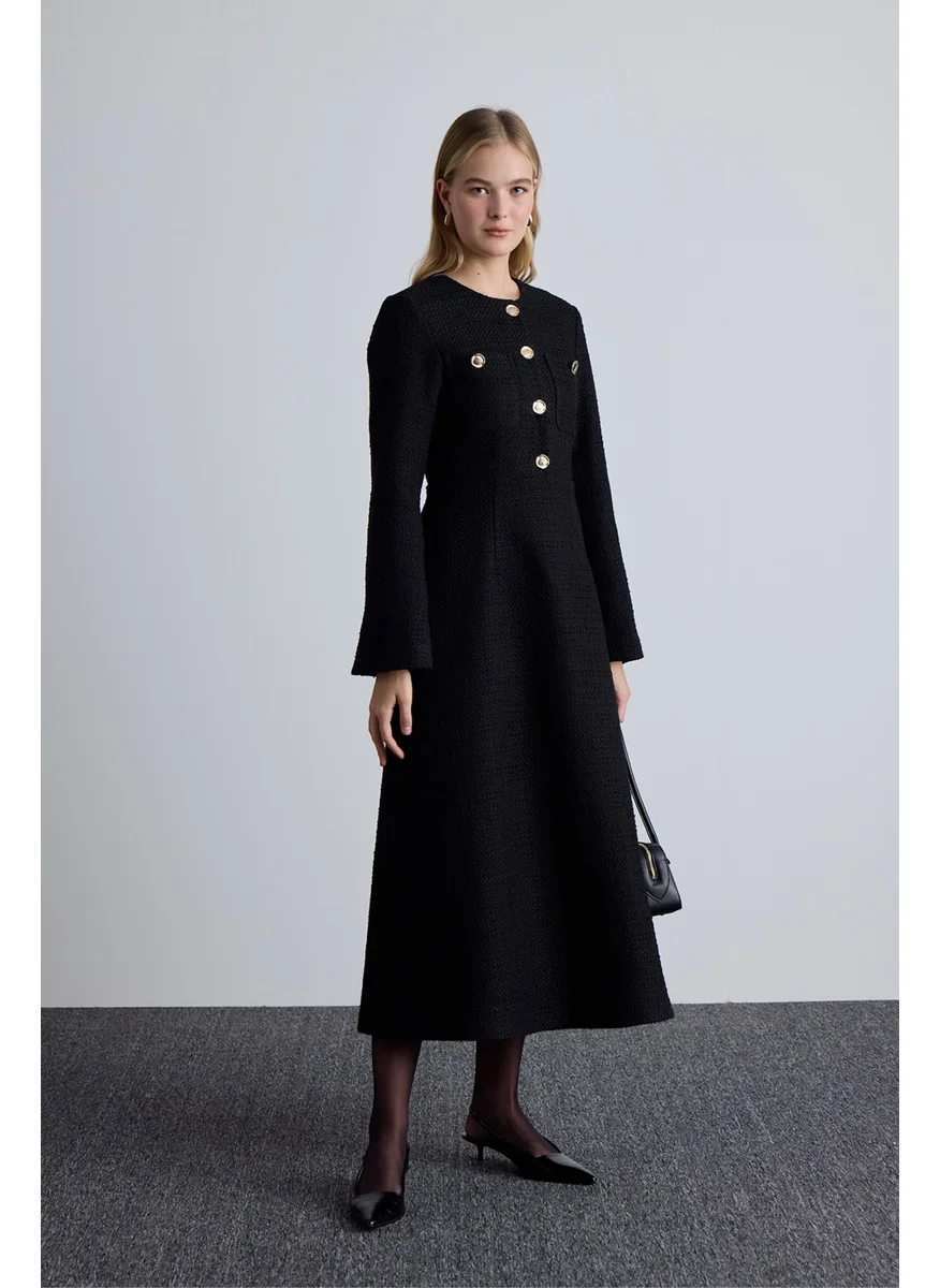 Manuka Textured Buttoned Dress Black