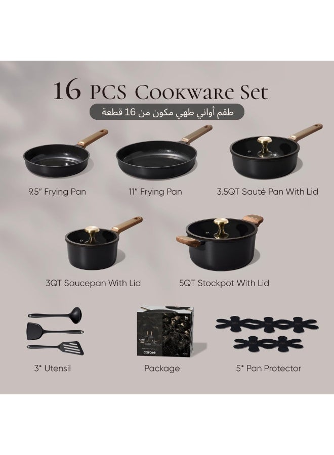 Carote 16-Piece Ceramic Non Stick Cookware Set – PTFE & PFAS Free, Non Toxic, Dishwasher Safe, Induction & Gas Compatible, Kitchen Pots and Pans with Lids, Stockholm Collection, Charcoal Black - Image 2