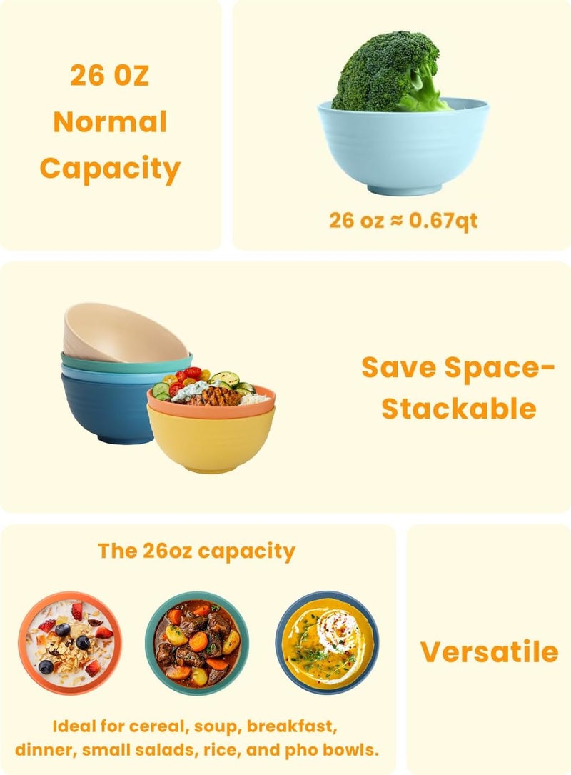Homienly Wheat Straw Bowls Unbreakable Cereal Bowls for Kitchen, Camping, RV, Plastic Bowls Set of 6 Microwave and Dishwasher Safe Breakfast Bowl (26oz, Multi) - Image 4