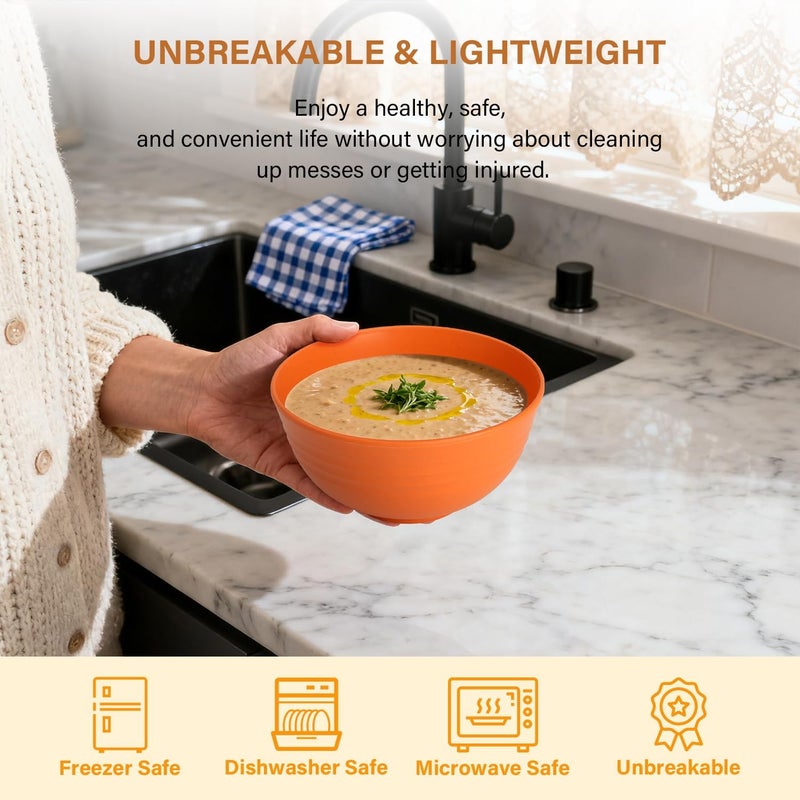 Homienly Wheat Straw Bowls Unbreakable Cereal Bowls for Kitchen, Camping, RV, Plastic Bowls Set of 6 Microwave and Dishwasher Safe Breakfast Bowl (26oz, Multi) - Image 5