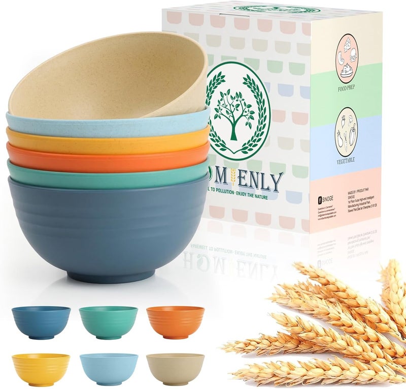 Homienly Wheat Straw Bowls Unbreakable Cereal Bowls for Kitchen, Camping, RV, Plastic Bowls Set of 6 Microwave and Dishwasher Safe Breakfast Bowl (26oz, Multi) - Image 1
