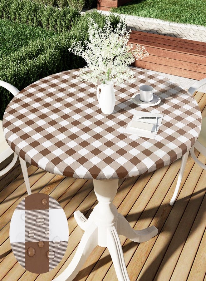 Smiry Round Picnic Tablecloth, Elastic Waterproof Fitted Vinyl Tablecloths for 36"-44" Tables, Flannel Backed Buffalo Plaid Table Cover for Dining, Camping, Outdoor, White and Brown - Image 1
