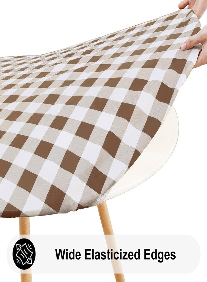 Smiry Round Picnic Tablecloth, Elastic Waterproof Fitted Vinyl Tablecloths for 36"-44" Tables, Flannel Backed Buffalo Plaid Table Cover for Dining, Camping, Outdoor, White and Brown - Image 2