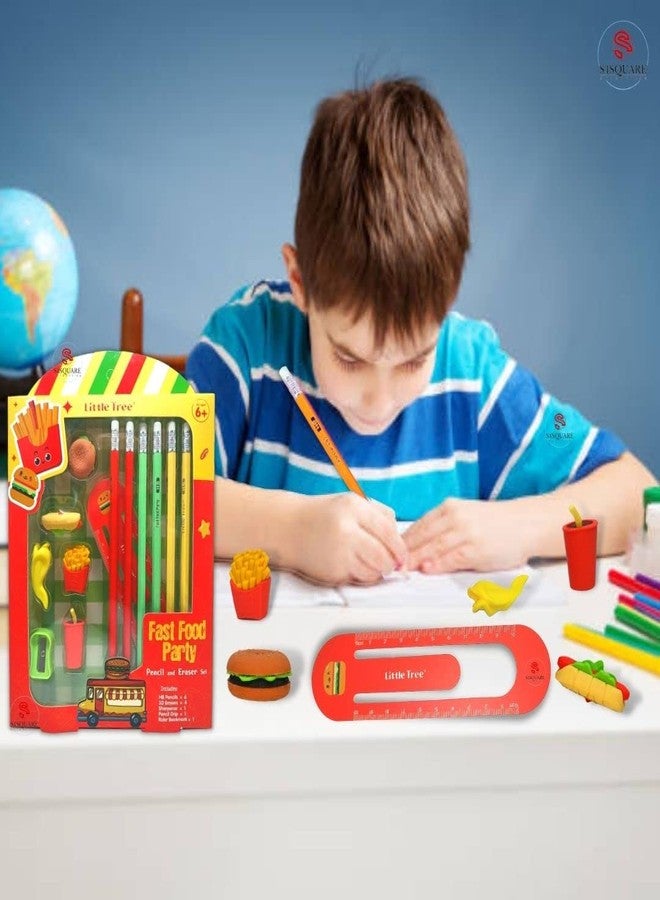 S4SQUARE ENTERPRISE ® Fast Food Pencil Eraser 13 in 1 Gift Set for School kids- 6 Rubber Tipped HB Pencils with 4 3D Erasers, 1 Sharpener, 1 Pencil Grip & a Scale (Pack of 13 items) (Gift Pack) - Image 5