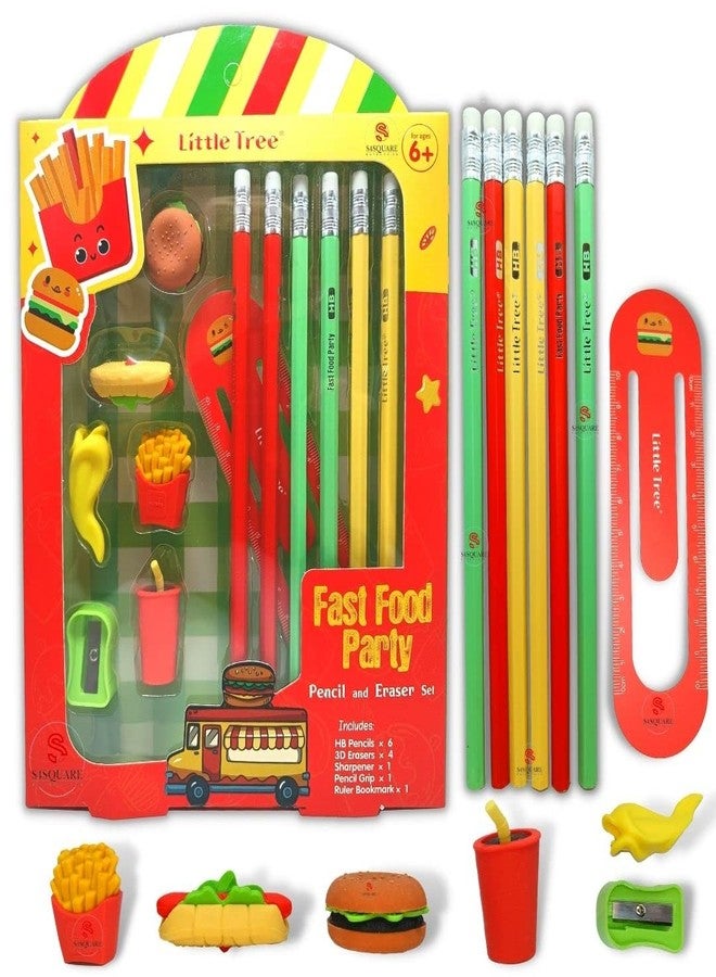 S4SQUARE ENTERPRISE ® Fast Food Pencil Eraser 13 in 1 Gift Set for School kids- 6 Rubber Tipped HB Pencils with 4 3D Erasers, 1 Sharpener, 1 Pencil Grip & a Scale (Pack of 13 items) (Gift Pack) - Image 1