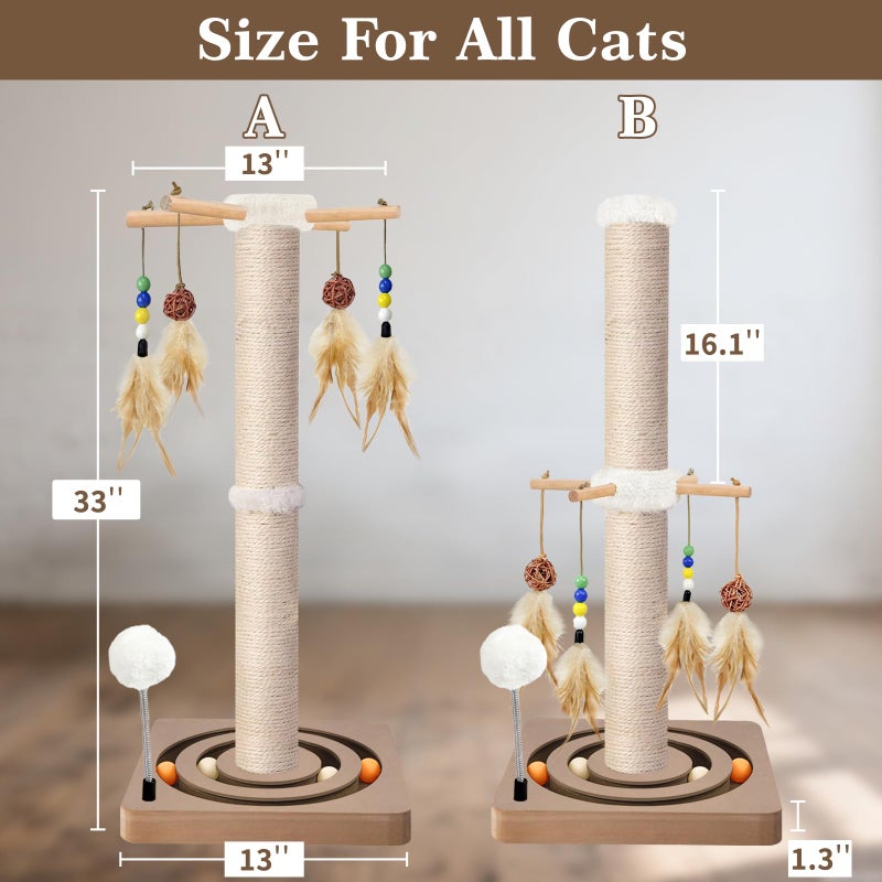 PAROTO Tall Cat Scratching Post, 33 Inches, Sisal, Interactive Furniture Toys for Indoor Cats Adults, 2 Mounting Methods Large Scratcher Tree Tower with Hanging and Ball Track, Activity Center for All Ages - Image 5