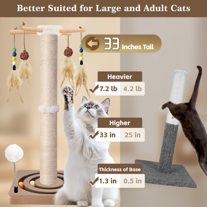 PAROTO Tall Cat Scratching Post, 33 Inches, Sisal, Interactive Furniture Toys for Indoor Cats Adults, 2 Mounting Methods Large Scratcher Tree Tower with Hanging and Ball Track, Activity Center for All Ages - Image 2