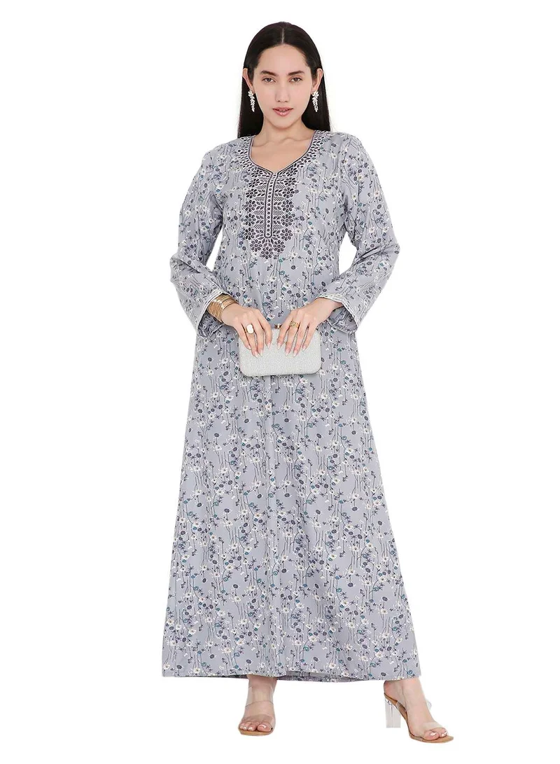 HANA & SARA ELEGANT FARASHA WITH UNIQUE THREAD EMBROIDERY AND STYLISH PRINTED MODEST ARABIC KAFTAN JALABIYA DRESS