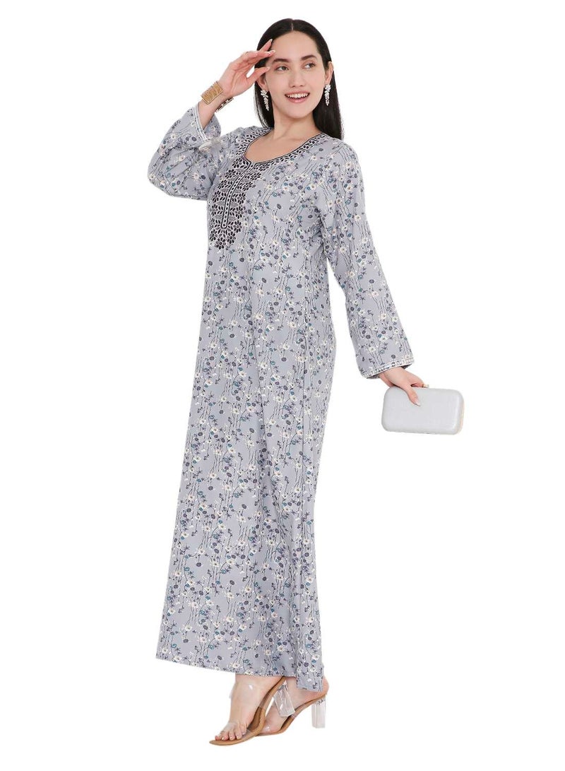 HANA & SARA ELEGANT FARASHA WITH UNIQUE THREAD EMBROIDERY AND STYLISH PRINTED MODEST ARABIC KAFTAN JALABIYA DRESS  - Image 5