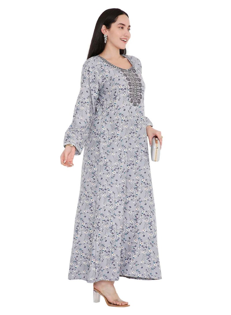 HANA & SARA ELEGANT FARASHA WITH UNIQUE THREAD EMBROIDERY AND STYLISH PRINTED MODEST ARABIC KAFTAN JALABIYA DRESS  - Image 4